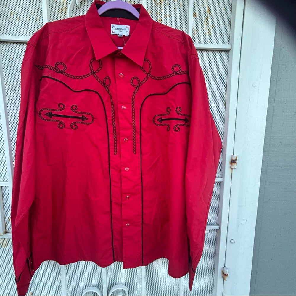 Ace of Diamond XXXL men western shirt L/S red snap-up red has blk embroidery EUC